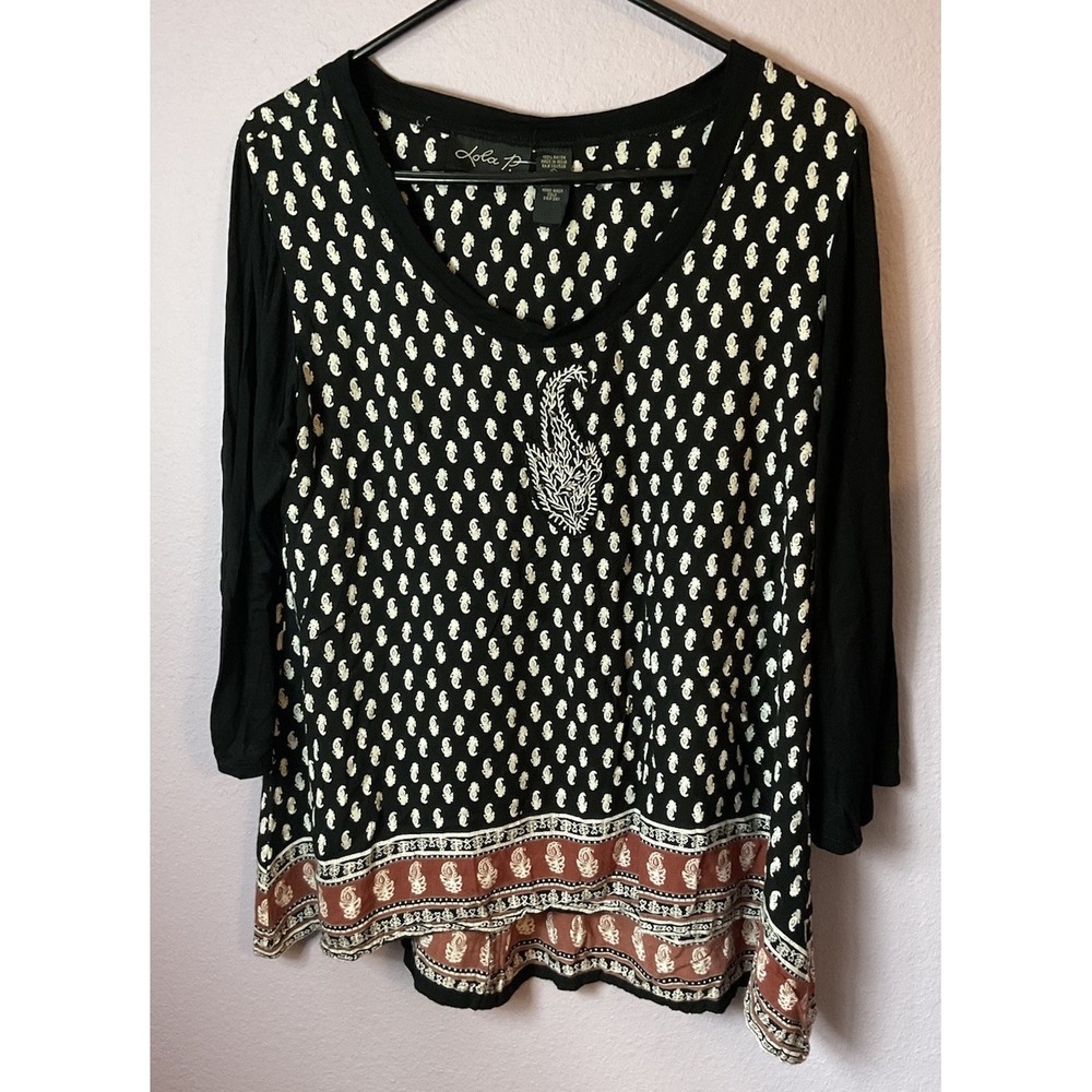 Lola P. Black Geometric Long Sleeve Top Blouse Size Large